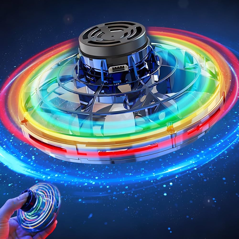 Hand-operated flying spinner mini- drone toy